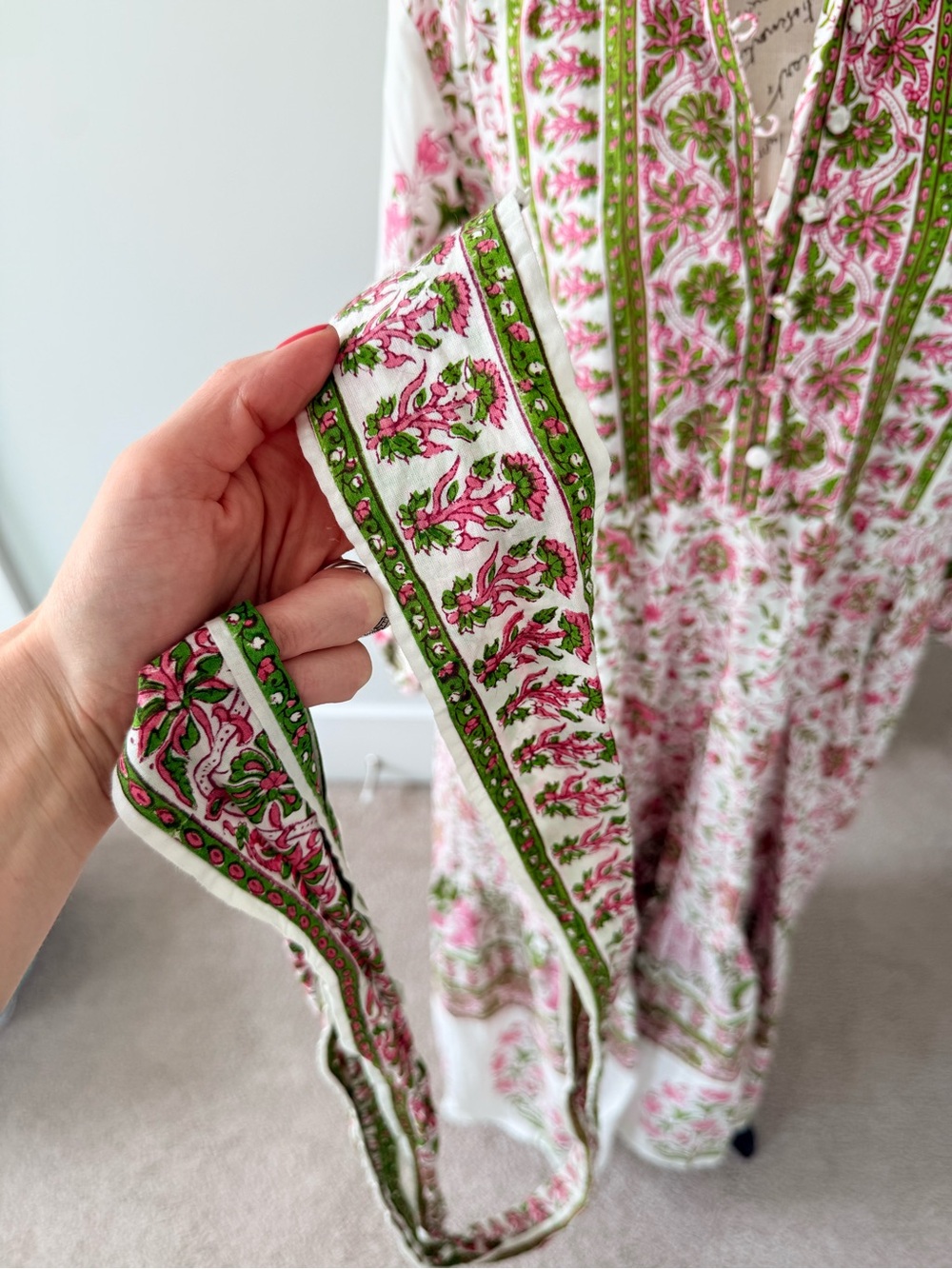 Like New XL Sue Sartor Floral Belted Flounce Midi Dress in Pink & Green - Picture 9 of 13